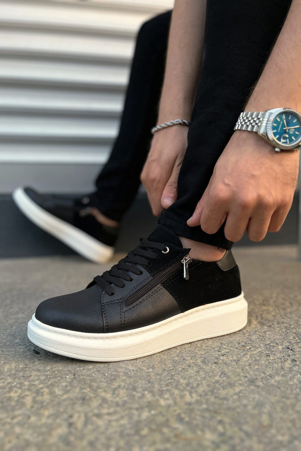 JY155 Warrior Bağcıklı ve Fermuarlı Cilt Süet Erkek Günlük Sneaker Ayakkabı CSBT - Siyah