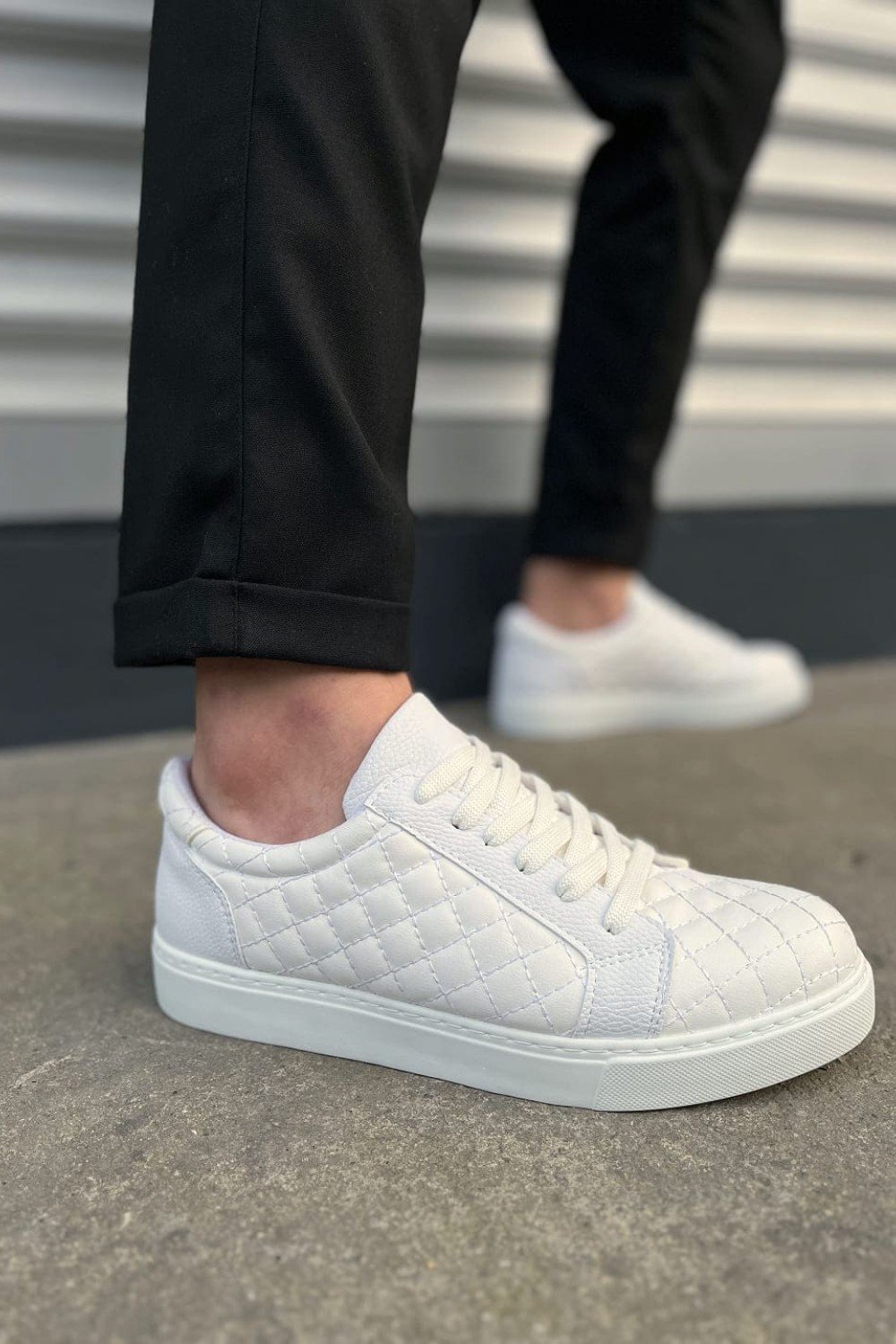 JY166 Prestige Bağcıklı Cilt Kapitone Desenli Erkek Günlük Sneaker Ayakkabı CBT - Beyaz