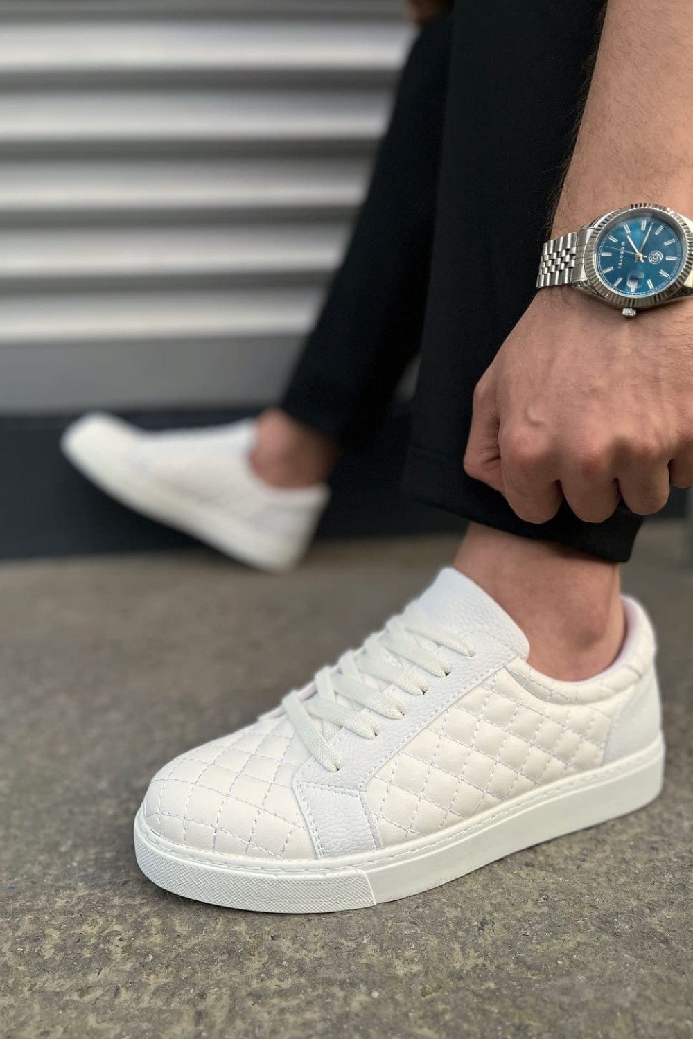 JY166 Prestige Bağcıklı Cilt Kapitone Desenli Erkek Günlük Sneaker Ayakkabı CBT - Beyaz