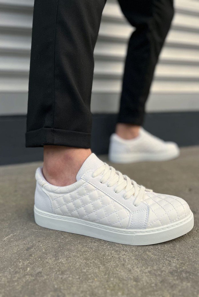 JY166 Prestige Bağcıklı Cilt Kapitone Desenli Erkek Günlük Sneaker Ayakkabı CBT - Beyaz