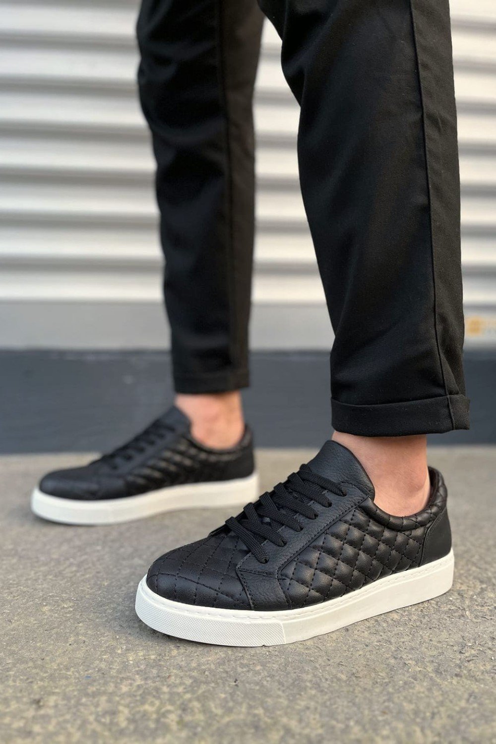 JY166 Prestige Bağcıklı Cilt Kapitone Desenli Erkek Günlük Sneaker Ayakkabı CBT - Siyah