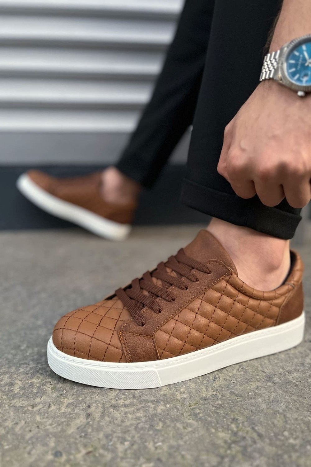 JY166 Prestige Bağcıklı Cilt Kapitone Desenli Erkek Günlük Sneaker Ayakkabı CBT - Taba