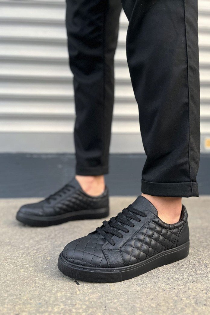 JY166 Prestige Bağcıklı Cilt Kapitone Desenli Erkek Günlük Sneaker Ayakkabı CST - Siyah