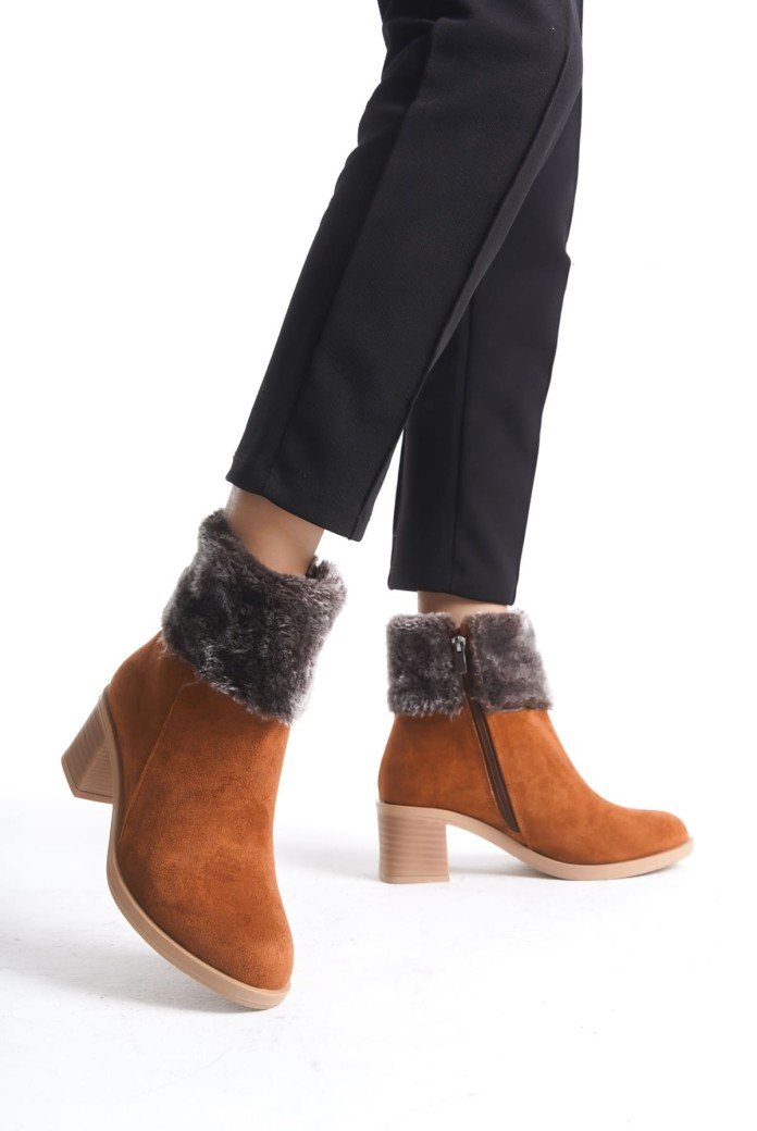 KATYA Fermuarlı Ortopedik Taban Topuklu Kürk Detaylı Süet Kadın Bot  STT - Taba