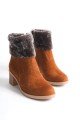 KATYA Fermuarlı Ortopedik Taban Topuklu Kürk Detaylı Süet Kadın Bot  STT - Taba
