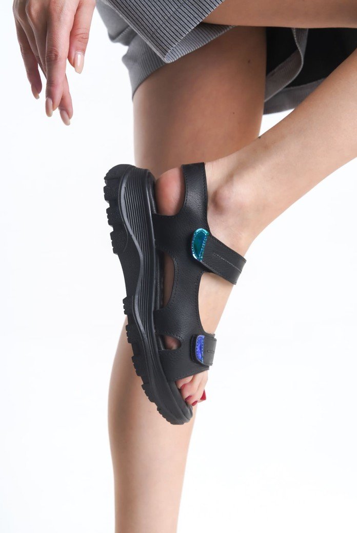 LAMIA Cırt Cırtlı Ortopedik Taban Kadın Sandalet CST - Siyah