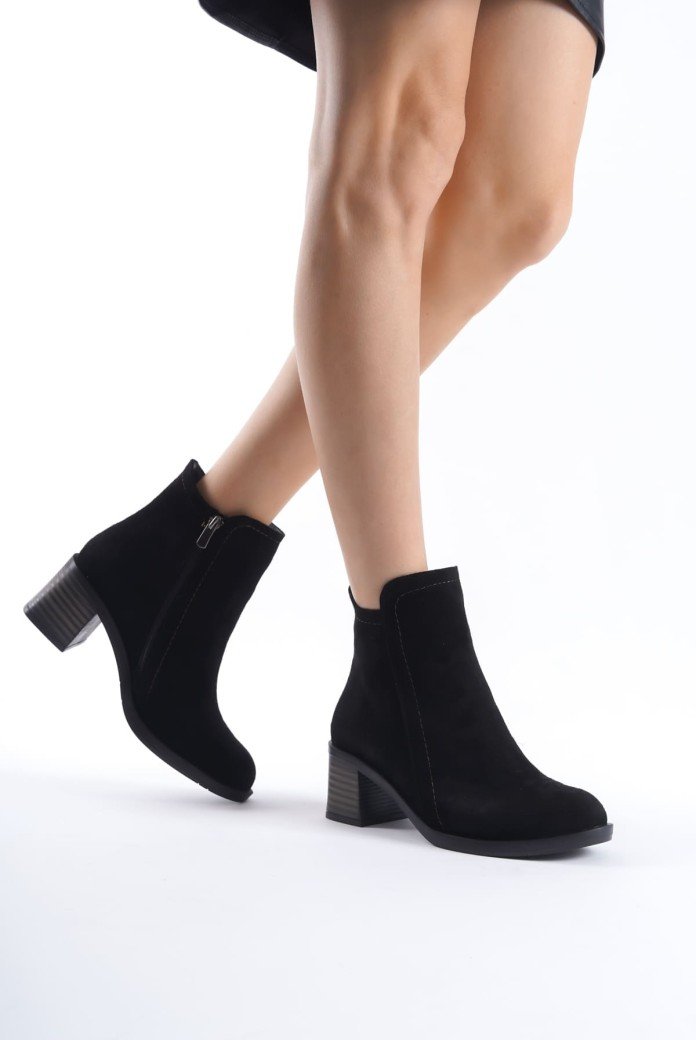 LARISSA Fermuarlı Ortopedik Taban Topuklu Süet Kadın Bot  SST - Siyah
