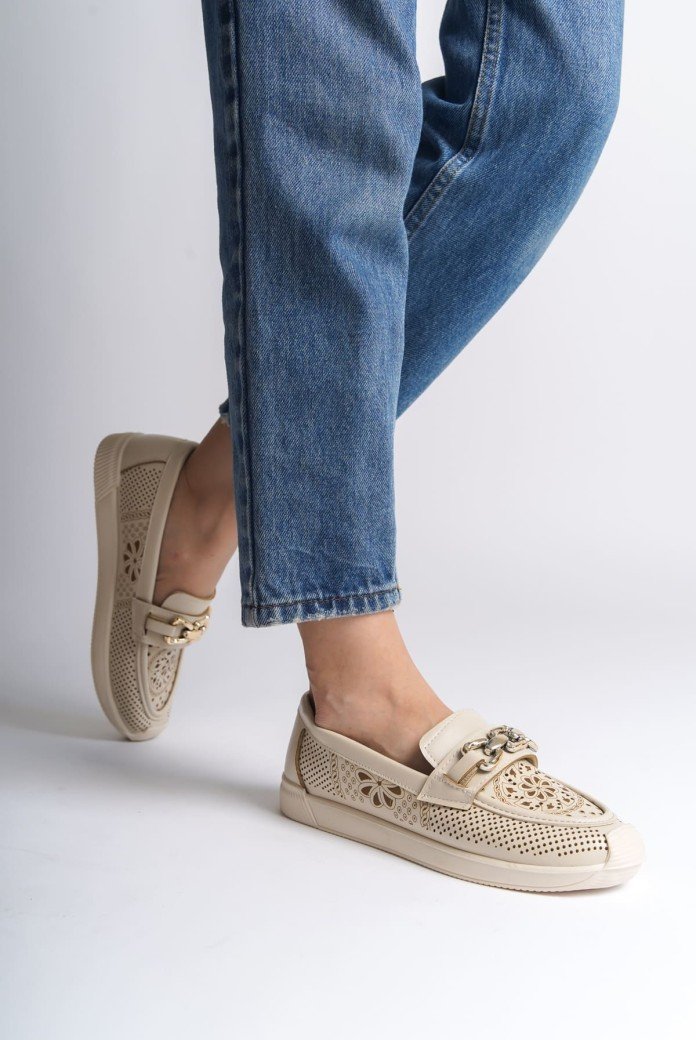 LAYLA Bağcıksız Ortopedik Rahat Taban Çiçek Desenli Kadın Babet Ayakkabı CKT - Krem