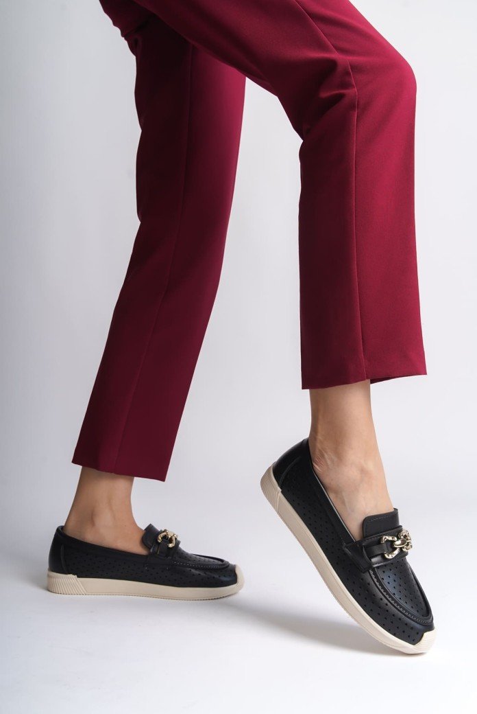 LAYLA Bağcıksız Ortopedik Rahat Taban Kalp Desenli Kadın Babet Ayakkabı CKT - Siyah