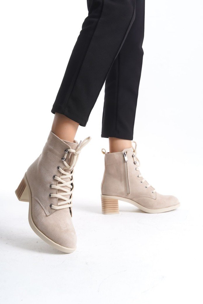 LENA Bağcıklı Fermuarlı Ortopedik Taban Topuklu Süet Kadın Bot  STT - Ten