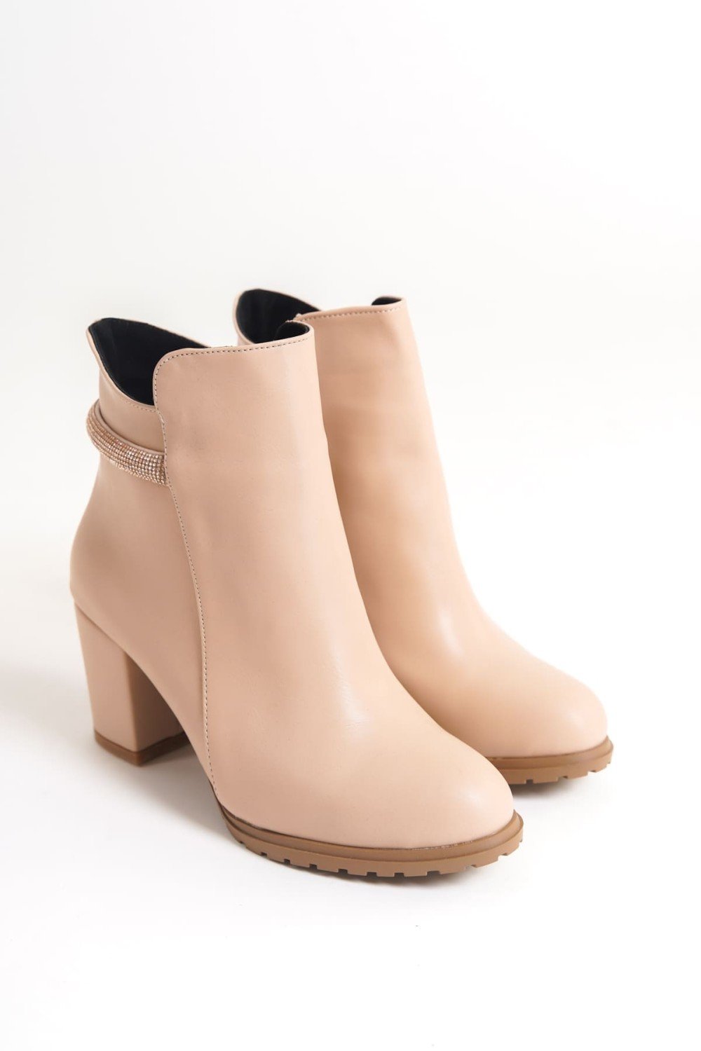 LIA Fermuarlı Ortopedik Taban Taşlı Topuklu Kadın Bot CTT - Ten LIA Fermuarlı Ortopedik Taban Taşlı Topuklu Kadın Bot CTT - Ten