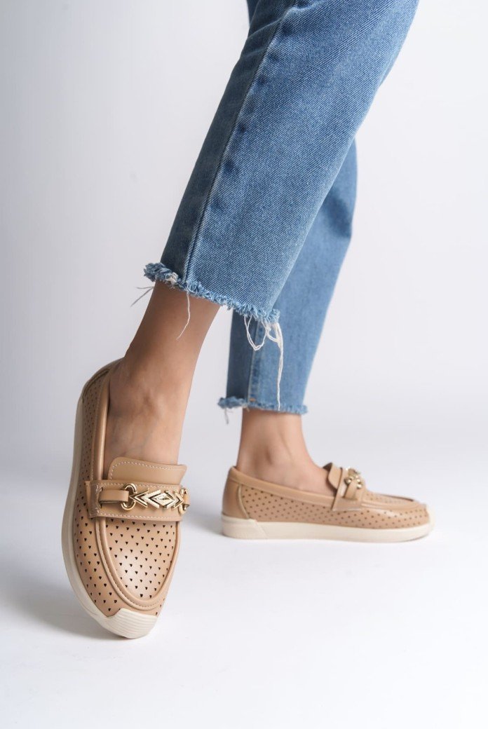 LILY Bağcıksız Ortopedik Rahat Taban Kalp Desenli Kadın Babet Ayakkabı CKT - Ten