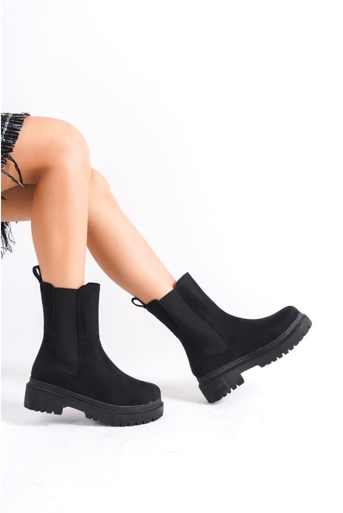 LORA Bağcıksız Lastikli Süet Ortopedik Taban Kadın Bot SST - Siyah