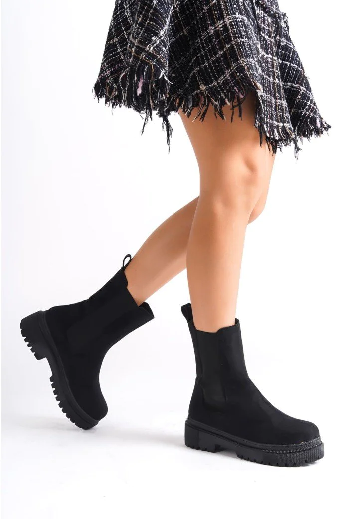 LORA Bağcıksız Lastikli Süet Ortopedik Taban Kadın Bot SST - Siyah