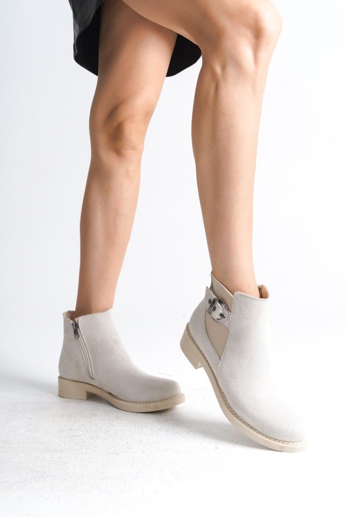 LUNA Fermuarlı Lastikli Ortopedik Taban Topuklu Süet Kadın Bot SKT - Krem