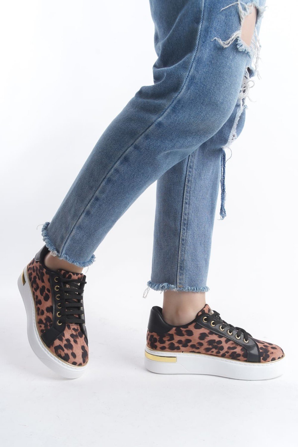 MINA Bağcıklı Ortopedik Taban Leopar Desenli Kadın Sneaker Spor Ayakkabı  TBT - Kahverengi