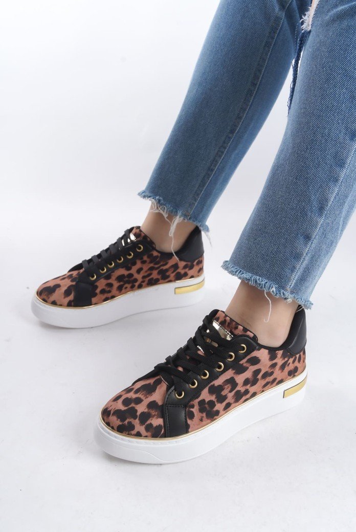 MINA Bağcıklı Ortopedik Taban Leopar Desenli Kadın Sneaker Spor Ayakkabı  TBT - Kahverengi