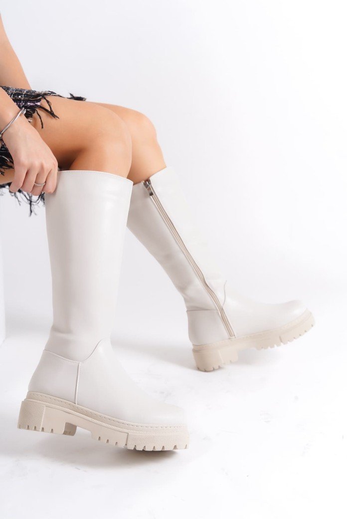 MIRA Bağcıksız Fermuarlı Ortopedik Taban Kadın Çizme CKT - Krem