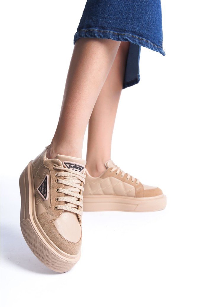 PRAG Bağcıklı Ortopedik Taban Desenli Kadın Sneaker Spor Ayakkabı CTT - Ten