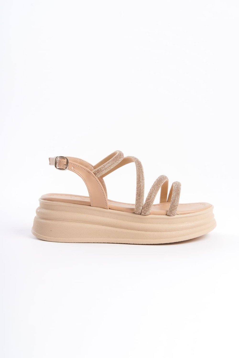 RILEY İnce Tokalı Taşlı Şeritli Ortopedik Taban Kadın Sandalet CTT - Ten