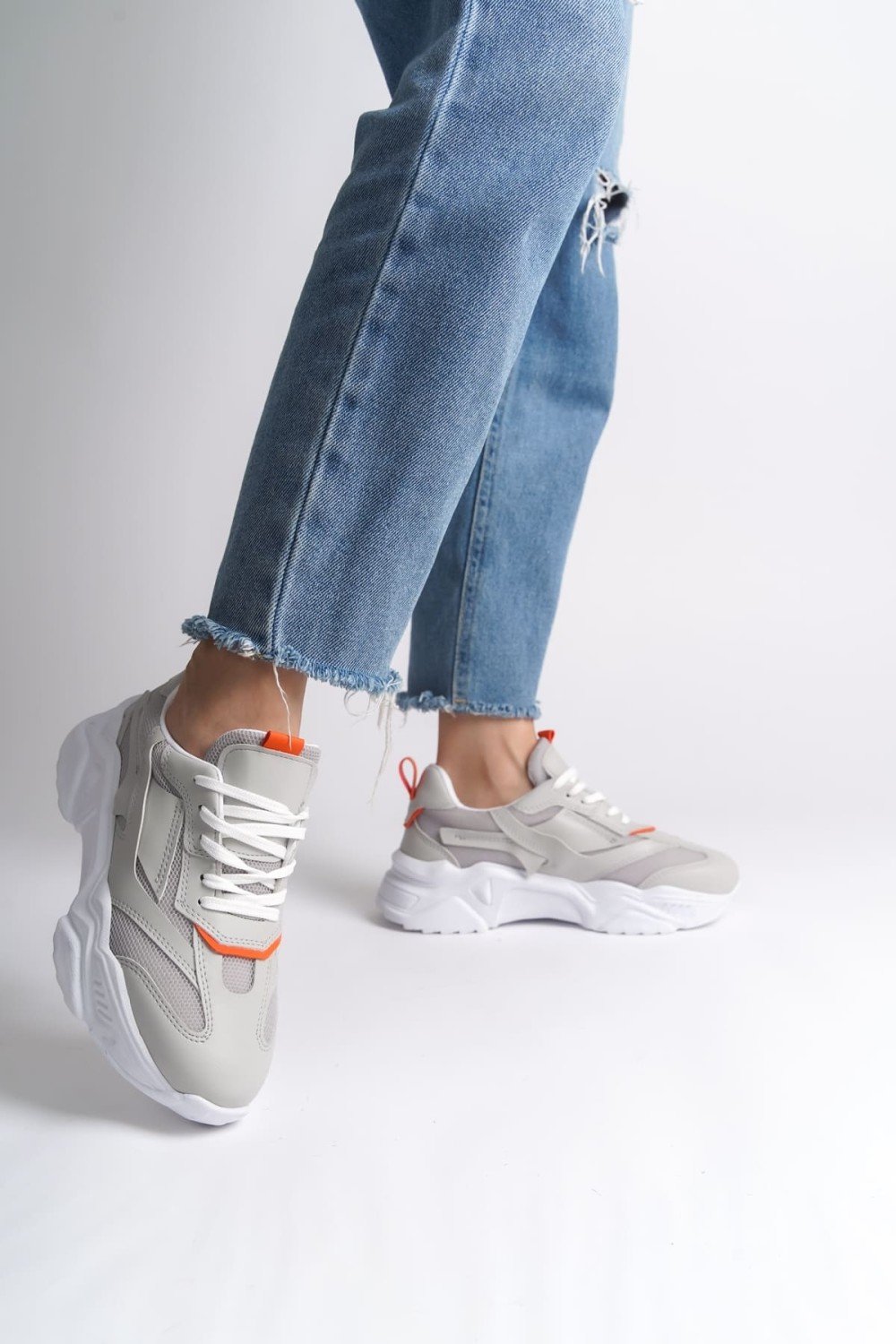 TOKYO Bağcıklı Ortopedik Taban Triko Detaylı Kadın Spor Ayakkabı  TBT - Gri/Turuncu