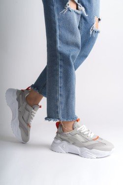 TOKYO Bağcıklı Ortopedik Taban Triko Detaylı Kadın Spor Ayakkabı TBT - Gri/Turuncu TOKYO Bağcıklı Ortopedik Taban Triko Detaylı Kadın Spor Ayakkabı TBT - Gri/Turuncu