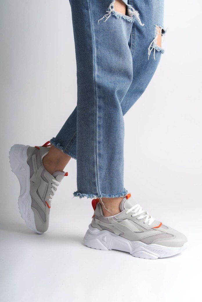 TOKYO Bağcıklı Ortopedik Taban Triko Detaylı Kadın Spor Ayakkabı  TBT - Gri/Turuncu