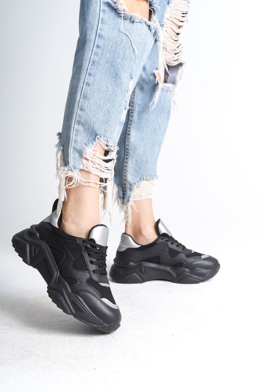 TOKYO Bağcıklı Ortopedik Taban Triko Detaylı Kadın Spor Ayakkabı  TST - Siyah/Gri