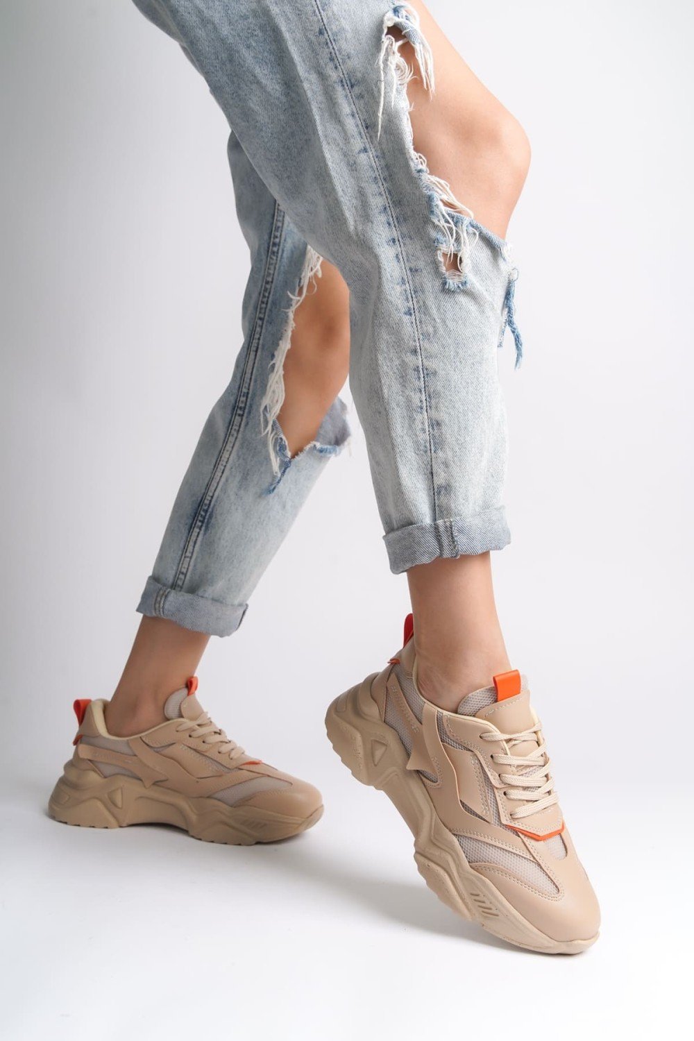 TOKYO Bağcıklı Ortopedik Taban Triko Detaylı Kadın Spor Ayakkabı TTT - Ten/Turuncu TOKYO Bağcıklı Ortopedik Taban Triko Detaylı Kadın Spor Ayakkabı TTT - Ten/Turuncu