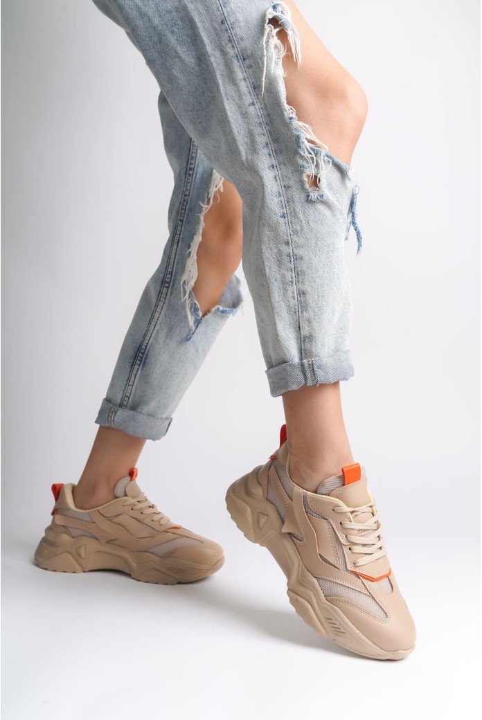 TOKYO Bağcıklı Ortopedik Taban Triko Detaylı Kadın Spor Ayakkabı  TTT - Ten/Turuncu