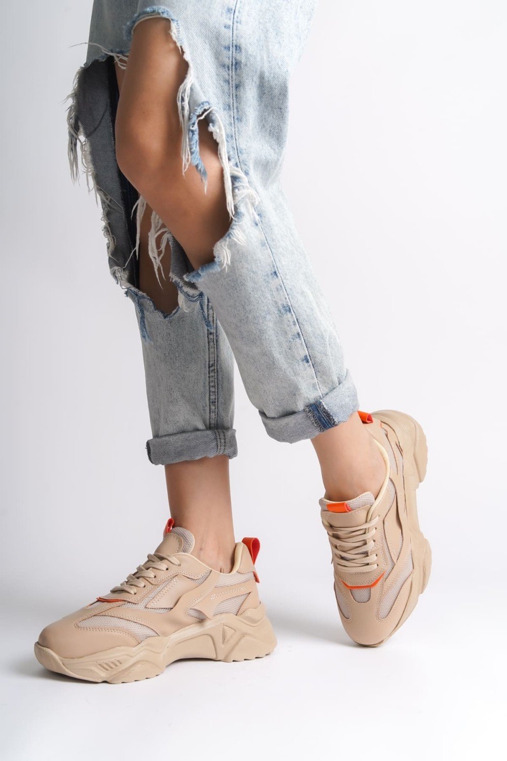 TOKYO Bağcıklı Ortopedik Taban Triko Detaylı Kadın Spor Ayakkabı TTT - Ten/Turuncu TOKYO Bağcıklı Ortopedik Taban Triko Detaylı Kadın Spor Ayakkabı TTT - Ten/Turuncu