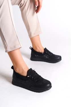 VIOLET Bağcıklı Lastikli Ortopedik Rahat Taban Taş Detaylı Klasik Kadın Babet Anne Ayakkabısı CST - Siyah VIOLET Bağcıklı Lastikli Ortopedik Rahat Taban Taş Detaylı Klasik Kadın Babet Anne Ayakkabısı CST - Siyah