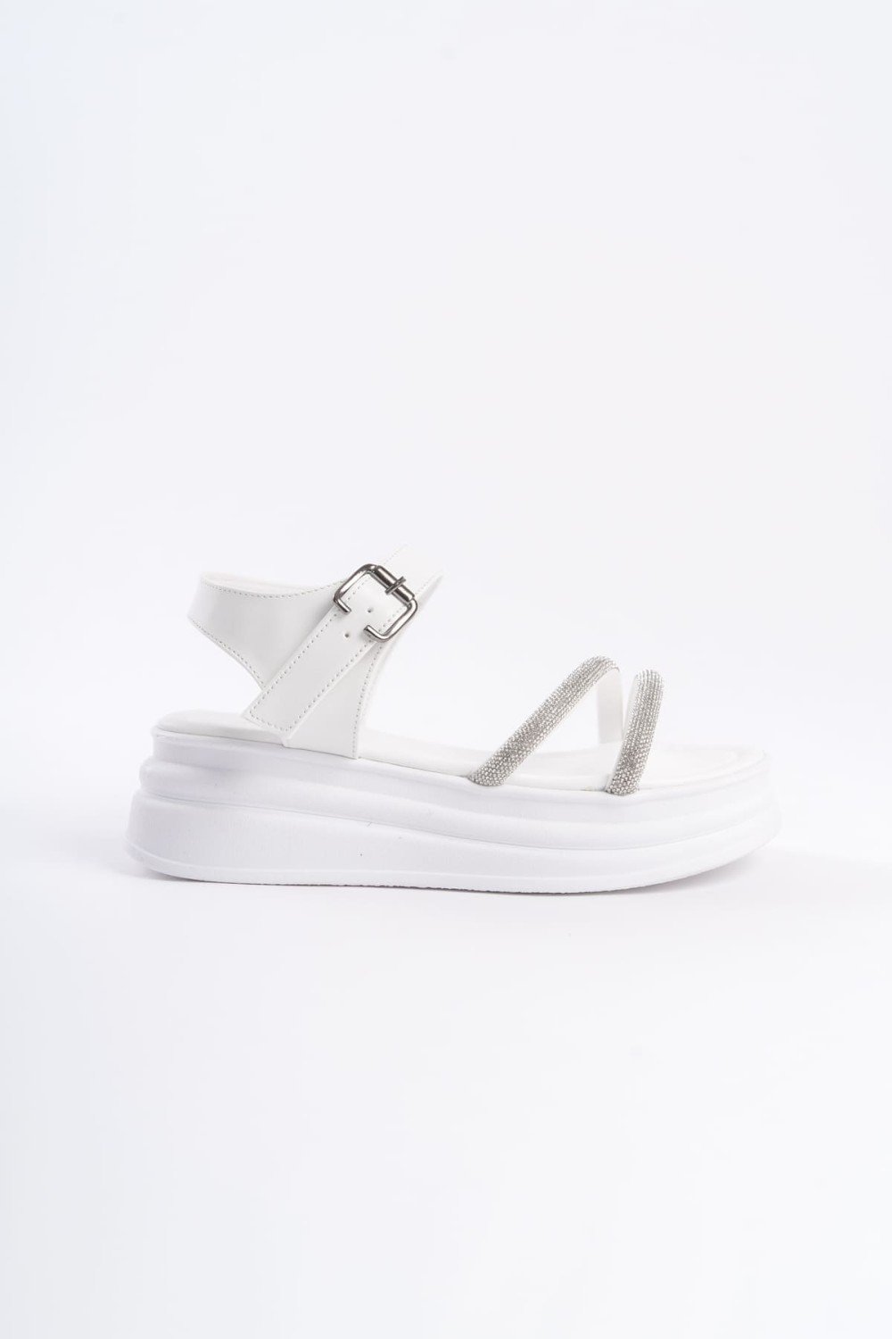 ZLOHE Kalın Tokalı Taşlı Şeritli Ortopedik Taban Kadın Sandalet CBT - Beyaz