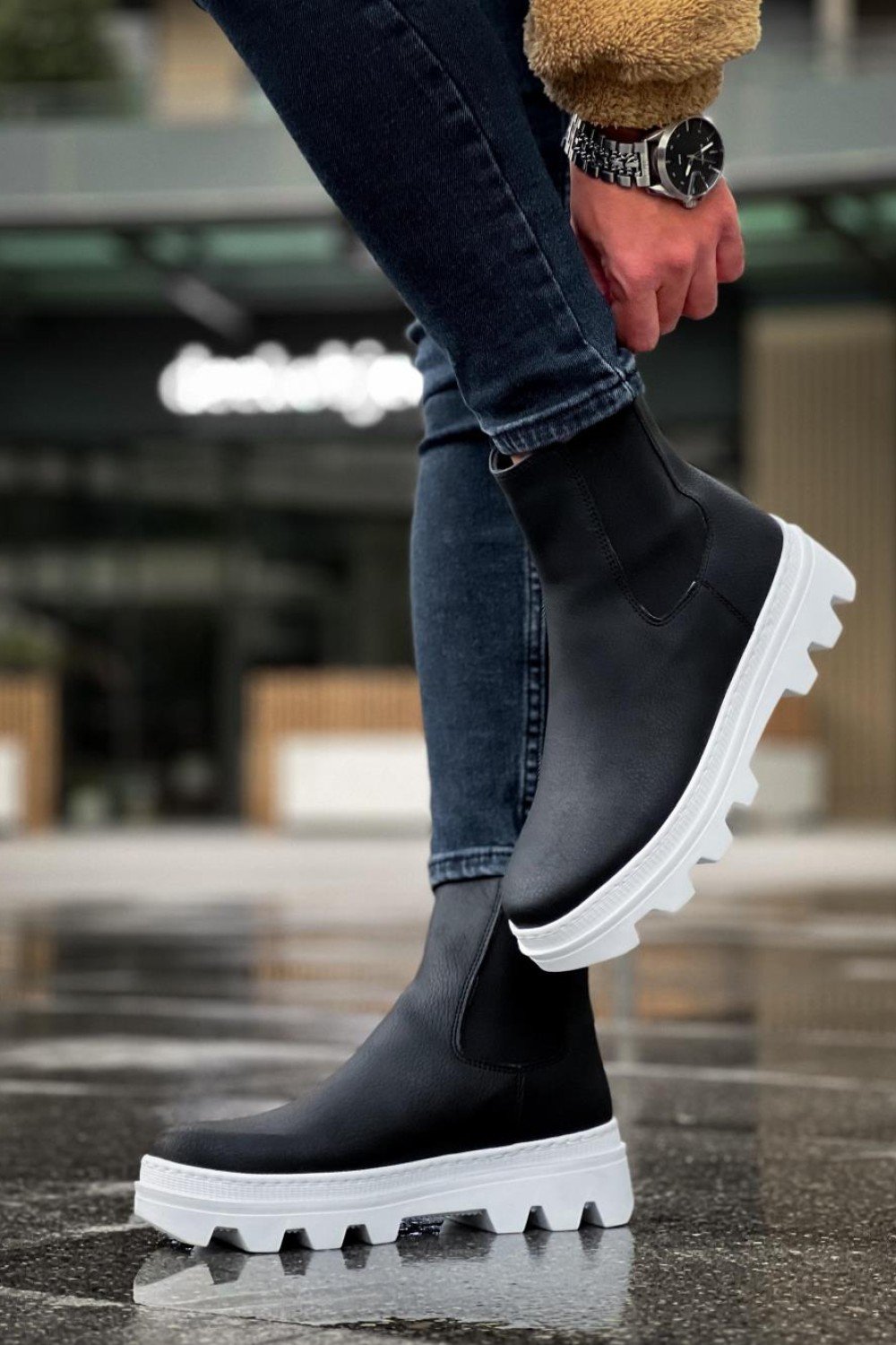 KN113 Knack Yüksek Taban Chelsea Bot Siyah (Beyaz Taban)