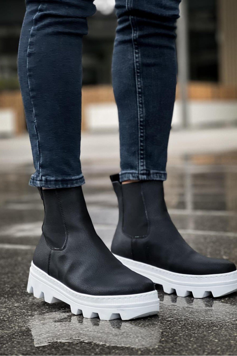 KN113 Knack Yüksek Taban Chelsea Bot Siyah (Beyaz Taban)