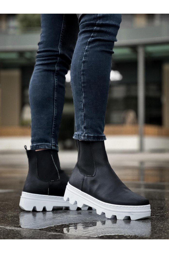 KN113 Knack Yüksek Taban Chelsea Bot Siyah (Beyaz Taban)