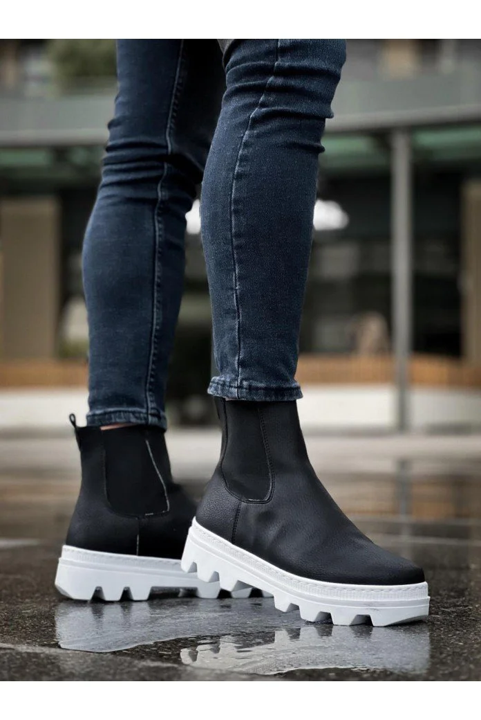 KN113 Knack Yüksek Taban Chelsea Bot Siyah (Beyaz Taban)