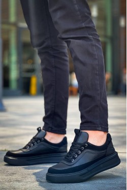 KB-006 Kuback Siyah Cilt Siyah Yüksek Taban Bağcıklı Günlük Erkek Ayakkabı