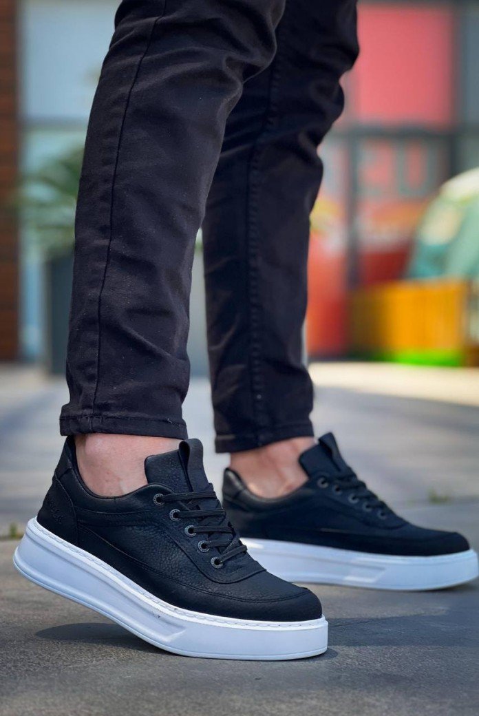 KB-006 Kuback Siyah Cilt Yüksek Taban Bağcıklı Günlük Erkek Ayakkabı