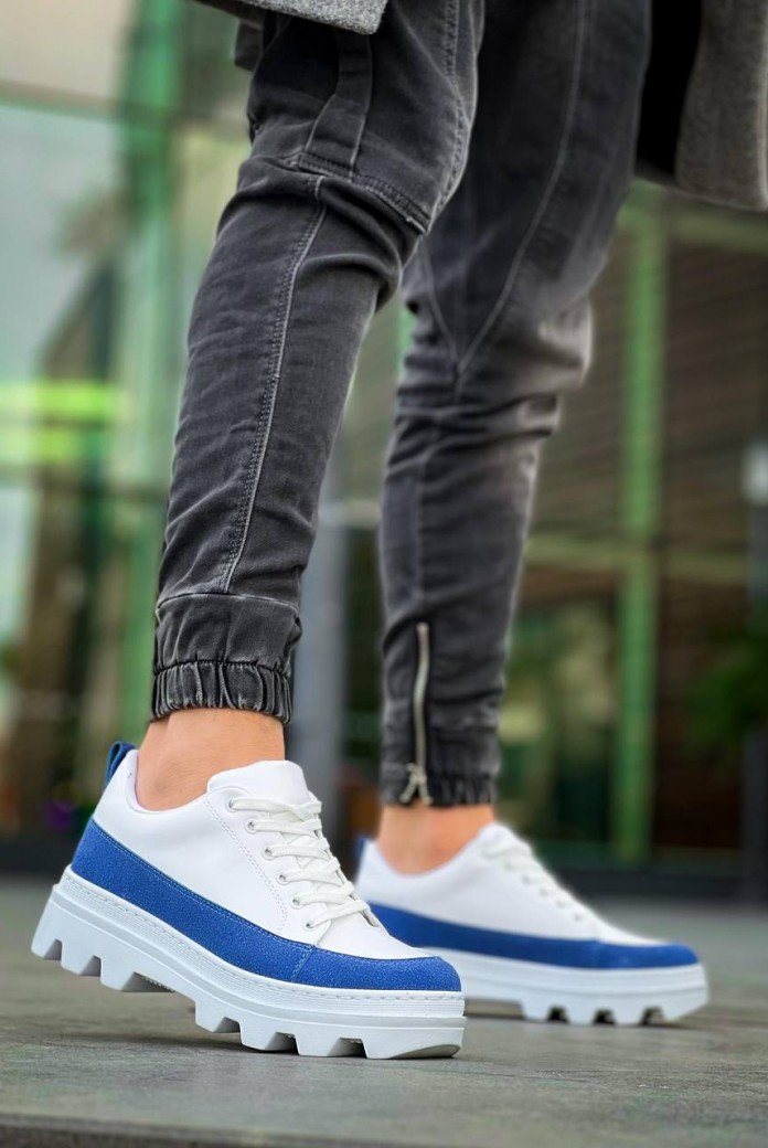 KB-056 Kuback Beyaz Mavi Detaylı Beyaz Yüksek Taban Günlük Spor Ayakkabı