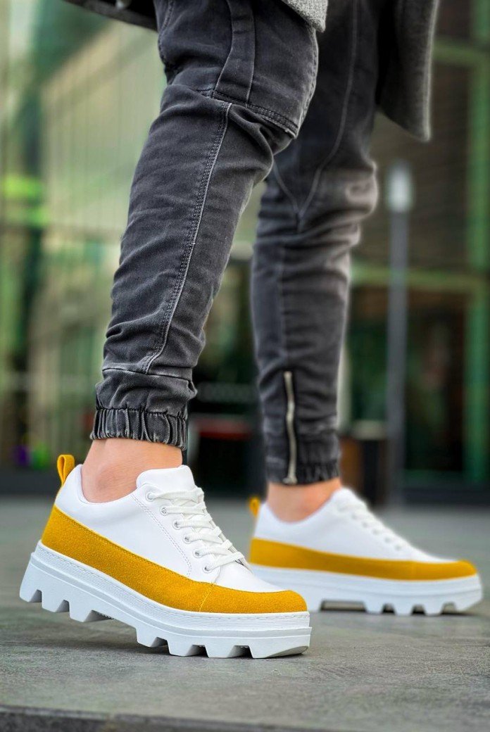 KB-056 Kuback Beyaz Sarı Detaylı Beyaz Yüksek Taban Günlük Spor Ayakkabı