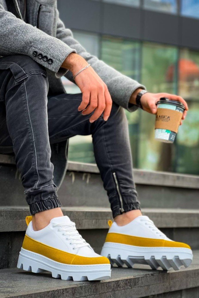 KB-056 Kuback Beyaz Sarı Detaylı Beyaz Yüksek Taban Günlük Spor Ayakkabı