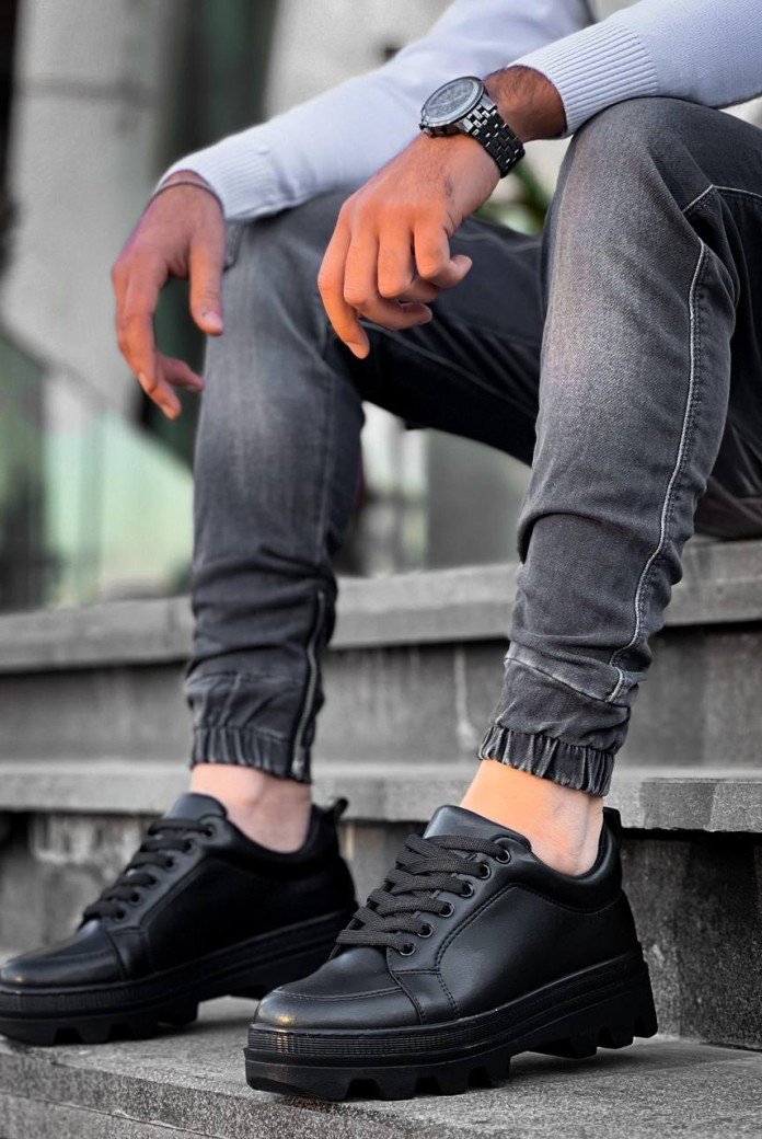 KB-056 Kuback Siyah Cilt Siyah Yüksek Taban Günlük Spor Ayakkabı