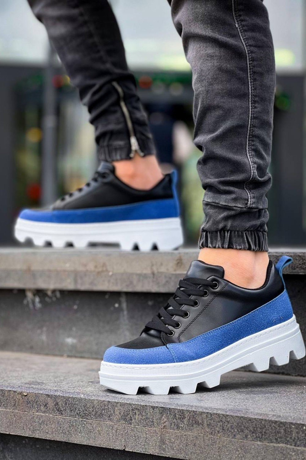 KB-056 Kuback Siyah Mavi Detaylı Beyaz Yüksek Taban Günlük Spor Ayakkabı