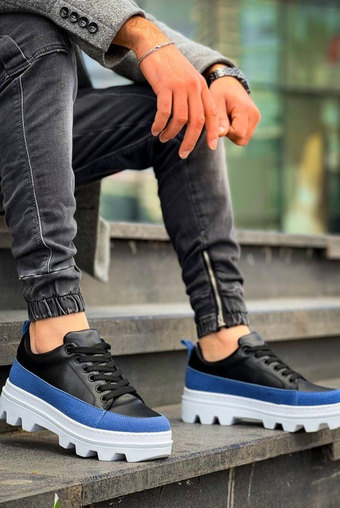 KB-056 Kuback Siyah Mavi Detaylı Beyaz Yüksek Taban Günlük Spor Ayakkabı