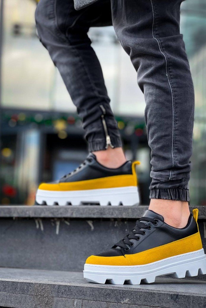 KB-056 Kuback Siyah Sarı Detaylı Beyaz Yüksek Taban Günlük Spor Ayakkabı