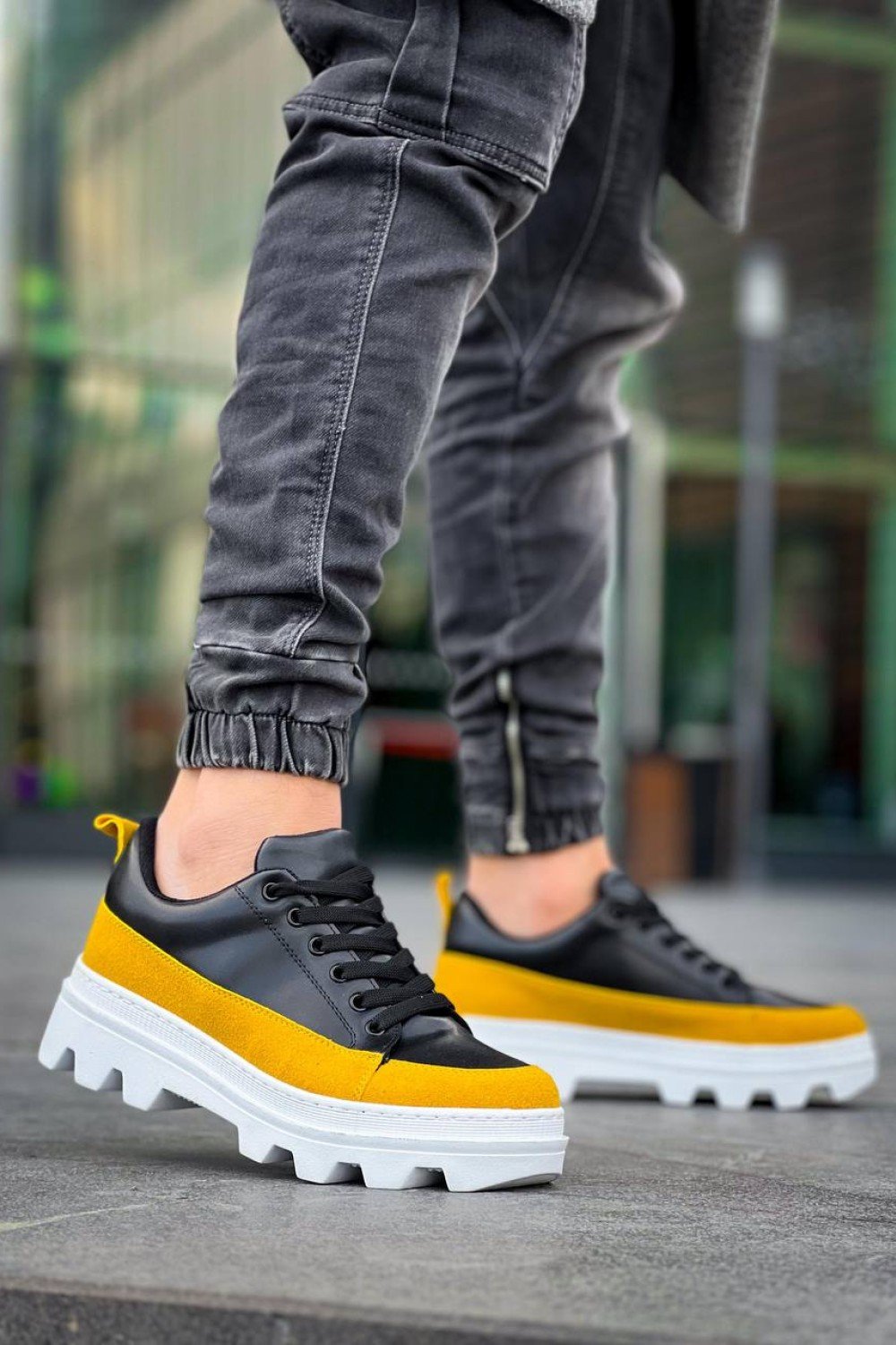 KB-056 Kuback Siyah Sarı Detaylı Beyaz Yüksek Taban Günlük Spor Ayakkabı