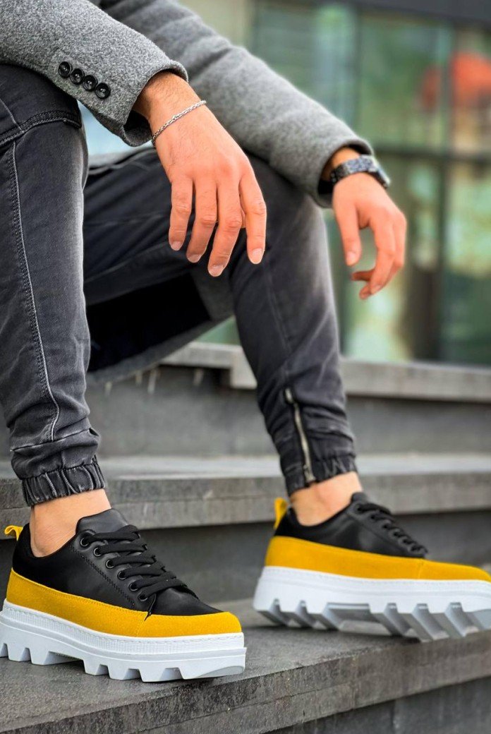 KB-056 Kuback Siyah Sarı Detaylı Beyaz Yüksek Taban Günlük Spor Ayakkabı