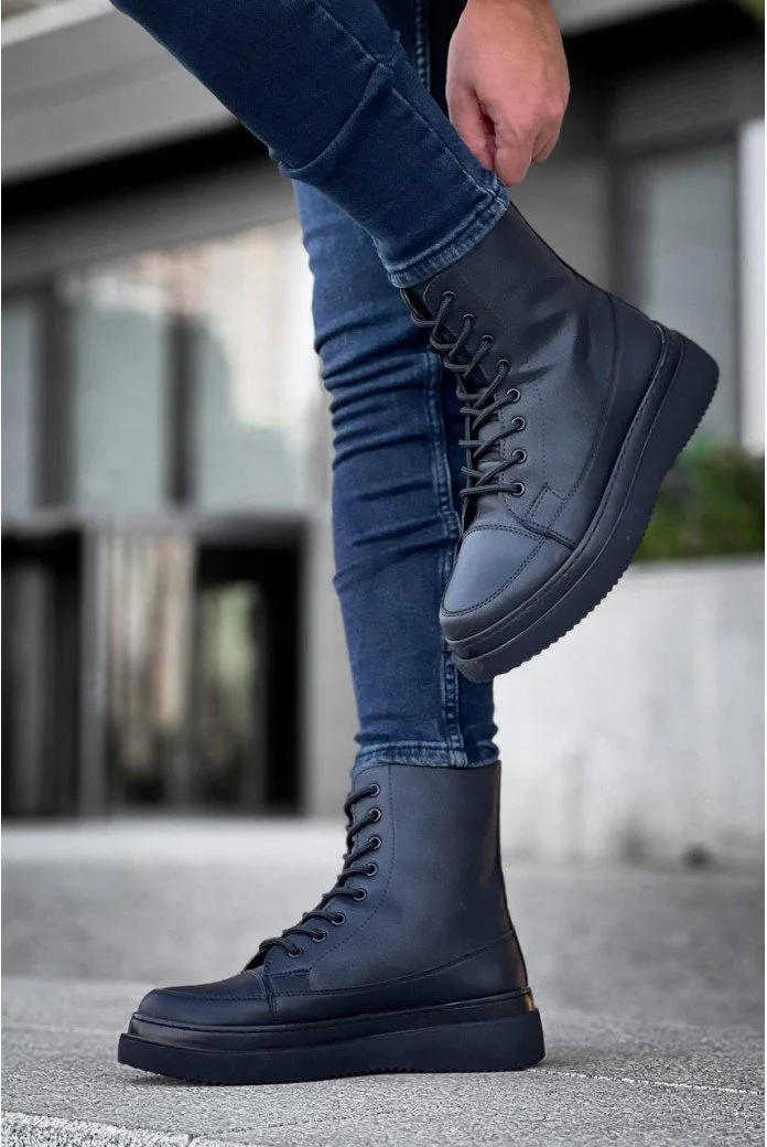 KB-0991  Kuback Siyah Cilt Siyah Yüksek Taban  Bağcıklı  Postal Bot