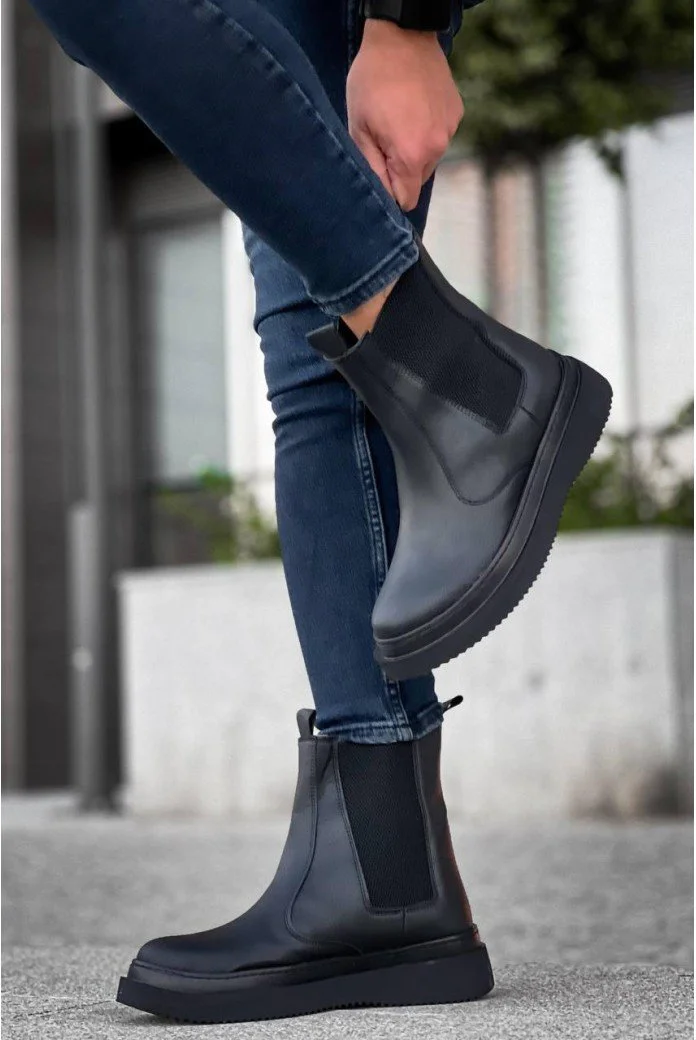 KB-0992  Kuback Siyah Cilt Siyah Yüksek Taban  Lastikli Erkek Bot